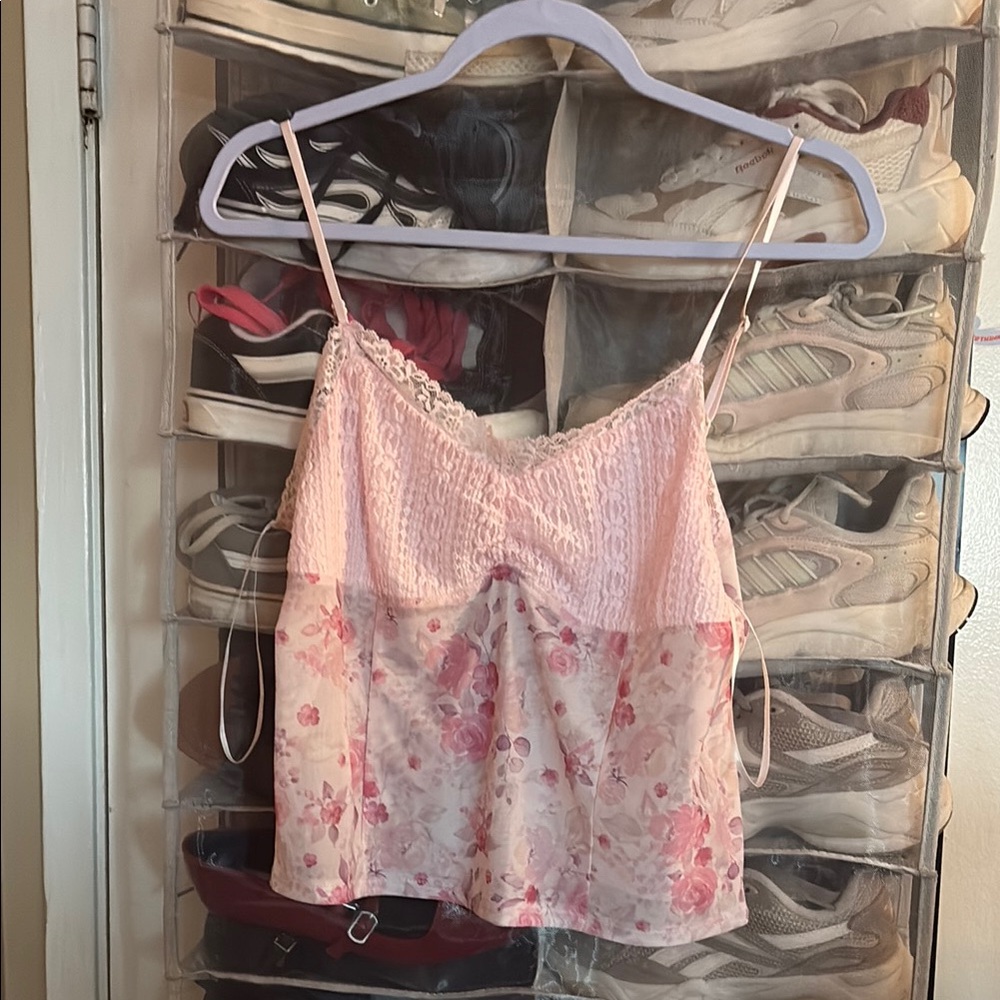 Floral Pink Lace Trim Cami Top